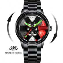Car Wheel Watch, Stainless Steel Men Wristwatch With Spinning Car Rim Hub Design, Japanese Quartz Movement, Water Resistant, Scratch Resistant Gifts For Car Enthusiasts - Black - View 2