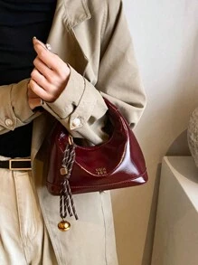 Túi xách nữ Tote da rắn giả dệt màu trơn bằng da PU tối giản, phong cách đa năng - Đỏ - Xem 2