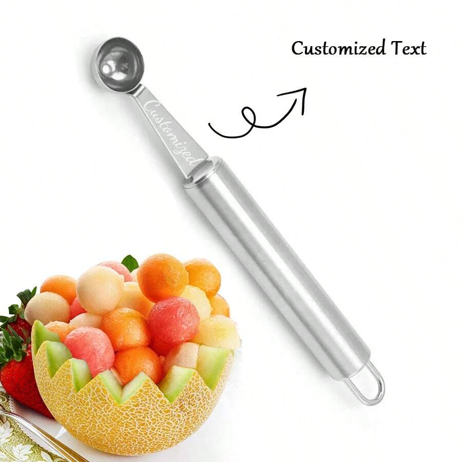 1pc Customized Text Stainless Steel Fruit Ball Picker Sundae Spoon Cantaloupe Baller Spoon Ice Cream Digging Tool Watermelon Baller Scoop Ice Cream Ball Spoon Ice Cream Serving Spoon - Multicolor - View 1