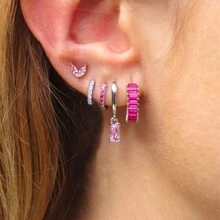 Conjunto de 5 piezas de pendientes con aro en cascada con colgante cuadrado enchapado en oro de 18K, para mujer. Incluye pendientes de cartílago con cubic zirconia rosa, de cobre y acero inoxidable