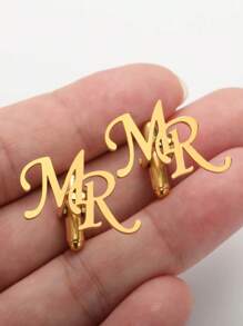 [1 Pair] Customized Name Cufflinks For Men, Stainless Steel Shirt Buttons, Initial Letter Cufflinks, Personalized College Style Cufflinks, Groomsmen Wedding, Jewelry Gift For Boyfriend/Husband For Valentine's Day - Gold - View 2