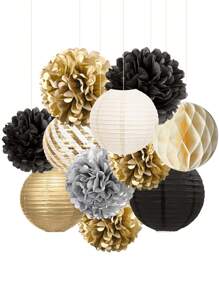 11pcs Black & Gold Circular Lantern Honeycomb Balls Party Decorations, Birthday Party Supplies, Holiday Party Decor, Indoor Outdoor