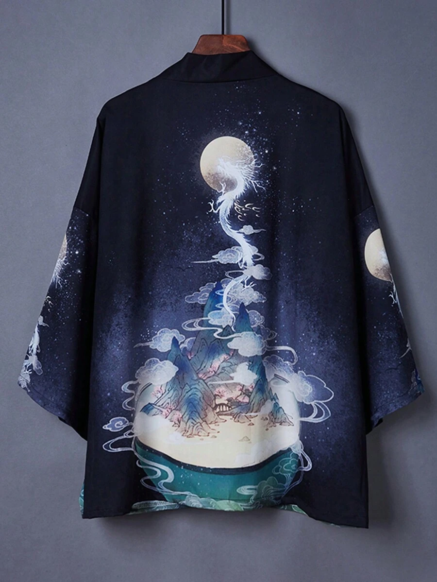 新款中国风复古宽松休闲七分袖和服，轻薄长袍，沙滩装，夏季泳装罩衫