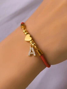 1 pieza Pulsera ajustable con corazón de acero inoxidable dorado, cuentas y letra con strass, adecuada para uso diario, citas, reuniones y fiestas. Un regalo conmovedor para amante, hermanas, mamá, madre, Día de la Madre - Rojo - Ver 3