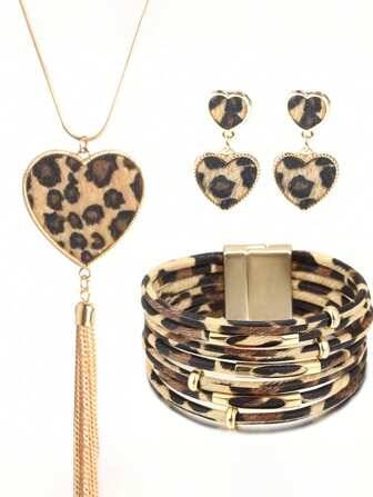 1 Set Leopard Print Tassel Necklace Long Earrings Jewelry Set, For Sweater Accessories