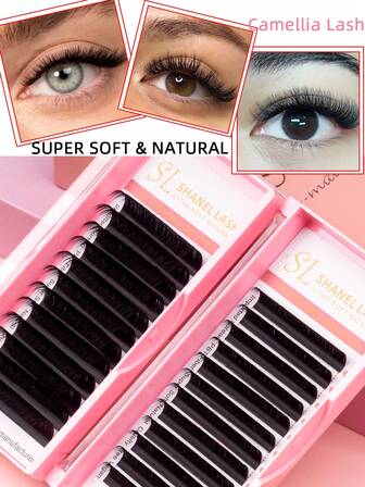 12排山茶花睫毛款式多种长度3D蓬松一秒绽放羊绒易扇形睫毛延长8-20毫米和混合托盘长度仿哑光黑貂睫毛
