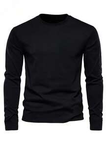 3 piezas Camisetas de manga larga de cuello redondo de unicolor para hombre, capa base versátil para uso diario en primavera/otoño - Blanco y Negro - Ver 4