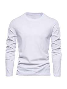 3 piezas Camisetas de manga larga de cuello redondo de unicolor para hombre, capa base versátil para uso diario en primavera/otoño - Blanco y Negro - Ver 3