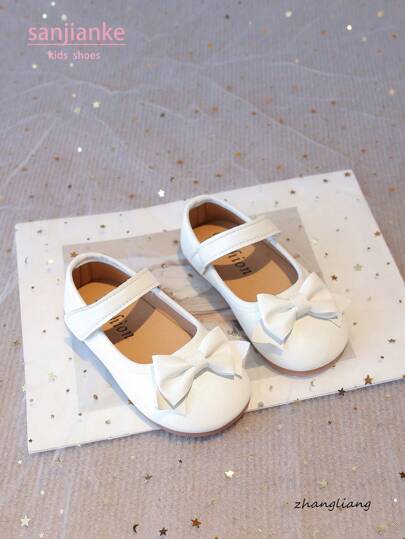 New Kids Girls Leather Shoes Flats, Simple Bow Design Children Casual Everyday Wear Versatile Hook And Loop Shoes, Easy On/Off