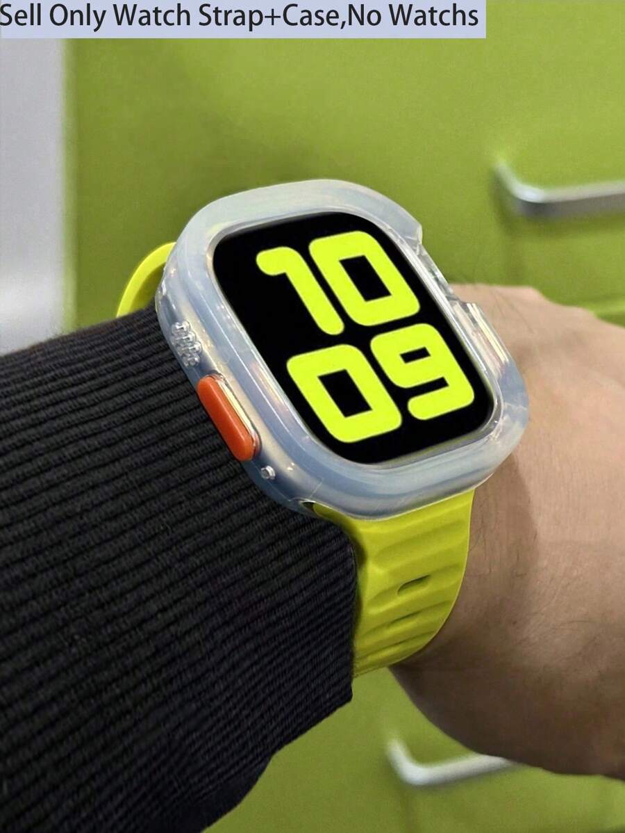 2 件装兼容 表带 Apple WatchStrap 和 Apple WatchCase 男女可调节荧光绿柔软超薄硅胶运动 表带和 Tpu 镂空软甲透明保护 Apple WatchCase 男女适用，兼容 表带 40/41/44/45/49MM，兼容 Series Ultra/SE/9/8/7/6/5/4，智能手表配件 - 螢光綠 - 查看 1