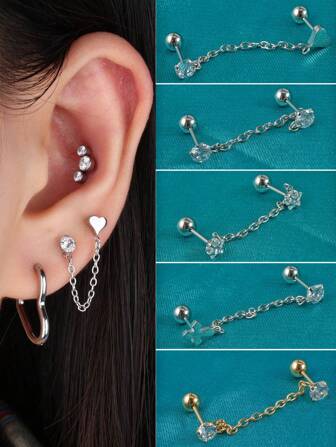 1 件不锈钢穿孔耳钉耳环吊坠方晶锆石耳链耳骨耳蜗耳蜗耳屏穿孔耳垂穿孔珠宝