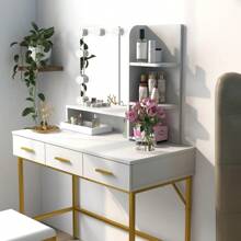 Vanity Table With Lighted Mirror, 3 Drawers Makeup Desk Dressing Table With Lots Storage Vanity Set With Wider Cushioned Stool For Bedroom (White) - White - View 8