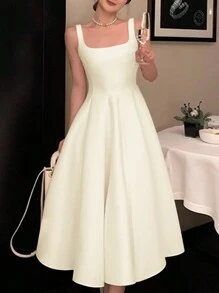 ZANZEA Women Square Neck Sleeveless Tank Sundress Summer Holiday Party A-Line Swing Midi Dress - Màu be - Xem 2