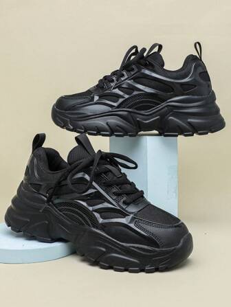 黑色復古運動風格舒適戶外健身休閒鞋，派對系帶時尚經典男士運動鞋，假日禮物減震楔形鞋跟厚底全匹配厚底鞋