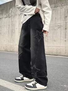 Jeans holgados de pierna recta para hombre con flecos y patrón de estrella,Grunge Punk Jeans de pierna recta - Negro - Ver 6
