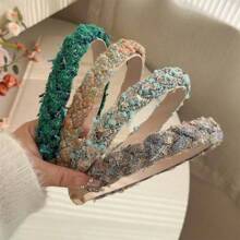 秋冬复古高颅顶发箍韩国新款秋冬粗羊毛格子麻花头箍压发夹 - 彩色 - 查看 3