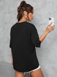 DG XUNLIN MODA Women's Oversized Short Sleeve Relaxed Pure Color Pop Solid Color T-Shirt - Black - View 4