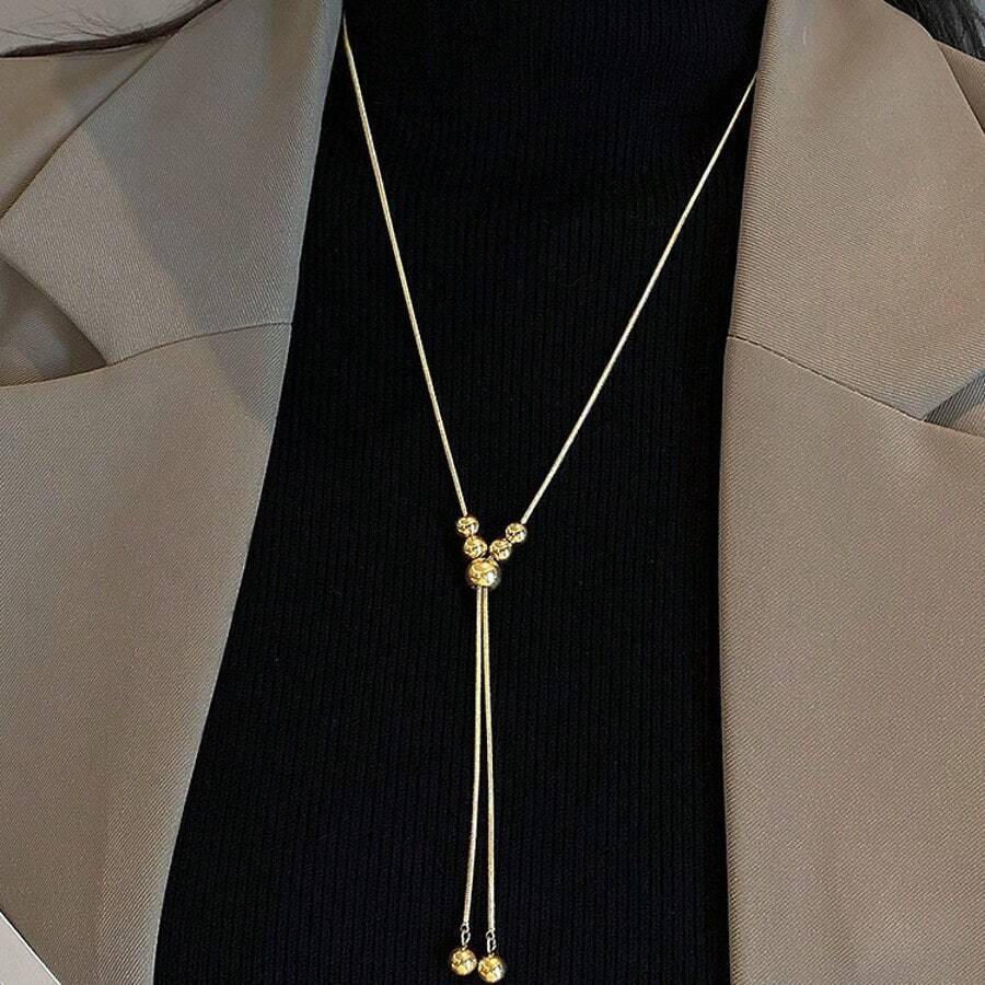 18k Titanium Steel Gold And Silver Pull-Out Ball Beads Retro Design High-End Long Sweater Chain - Gold - View 1