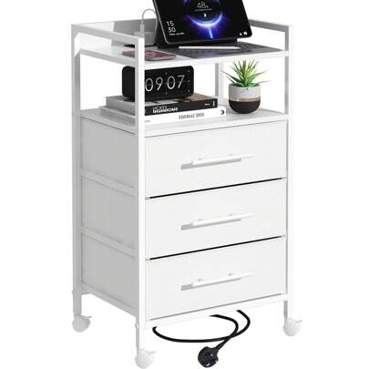 Bedside Table With Charging Station, Bedroom Side Table With Fabric Drawers, Small Storage Sofa End Table With Open Shelf And 4 Castors, Nightstand For Living Room, Hallway