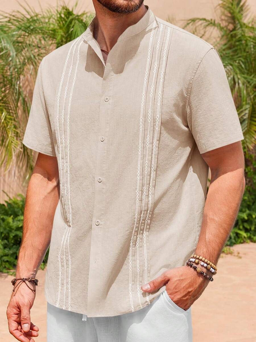 Runcati Men's Guayabera Shirt Short Sleeve Linen Cotton Button Down Mexican Embroidered Cuban Wedding Summer Top - Màu be - Xem 1