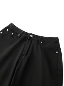Womens Knee Length Denim Shorts Solid Color High Waist Loose Fit Jean Shorts For Summer - 黑色 - 查看 10