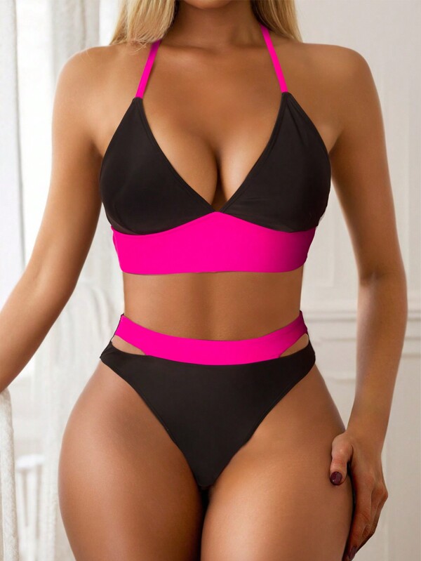 Conjunto de traje de baño tipo tankini con parches de colores contrastantes, sexy y de moda para el verano y vacaciones en la playa
