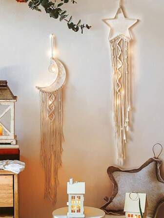 1 件波西米亚风 Macrame 编织壁挂挂毯，钩针新月罗摩月亮星捕梦网，带长流苏，手工波西米亚家居装饰房间装饰艺术工艺品，适合青少年女孩房间装饰，女孩生日礼物