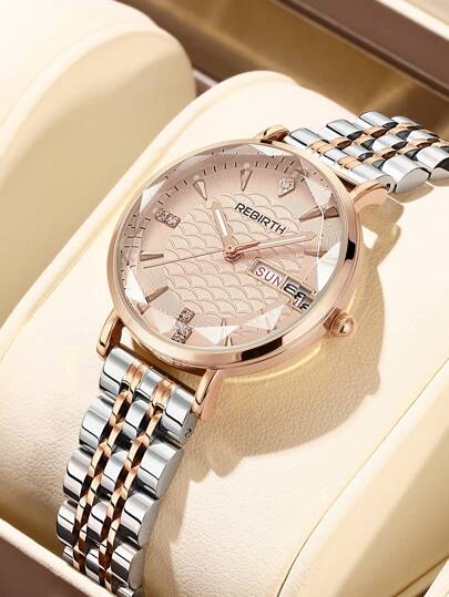 1 pieza Reloj de pulsera de mujer con movimiento de cuarzo, esfera con calendario del domingo, banda de acero inoxidable, elegante y de moda, adecuado como regalo y accesorio diario