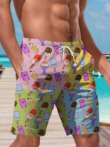 Men's Beach Shorts - 3D Digital Print, Casual Drawstring Shorts