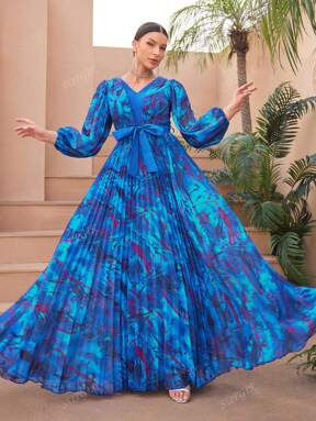 SUPGIR [Corte aleatorio] Vestido de fiesta de gasa con mangas de linterna, cuello y estampado superpuesto