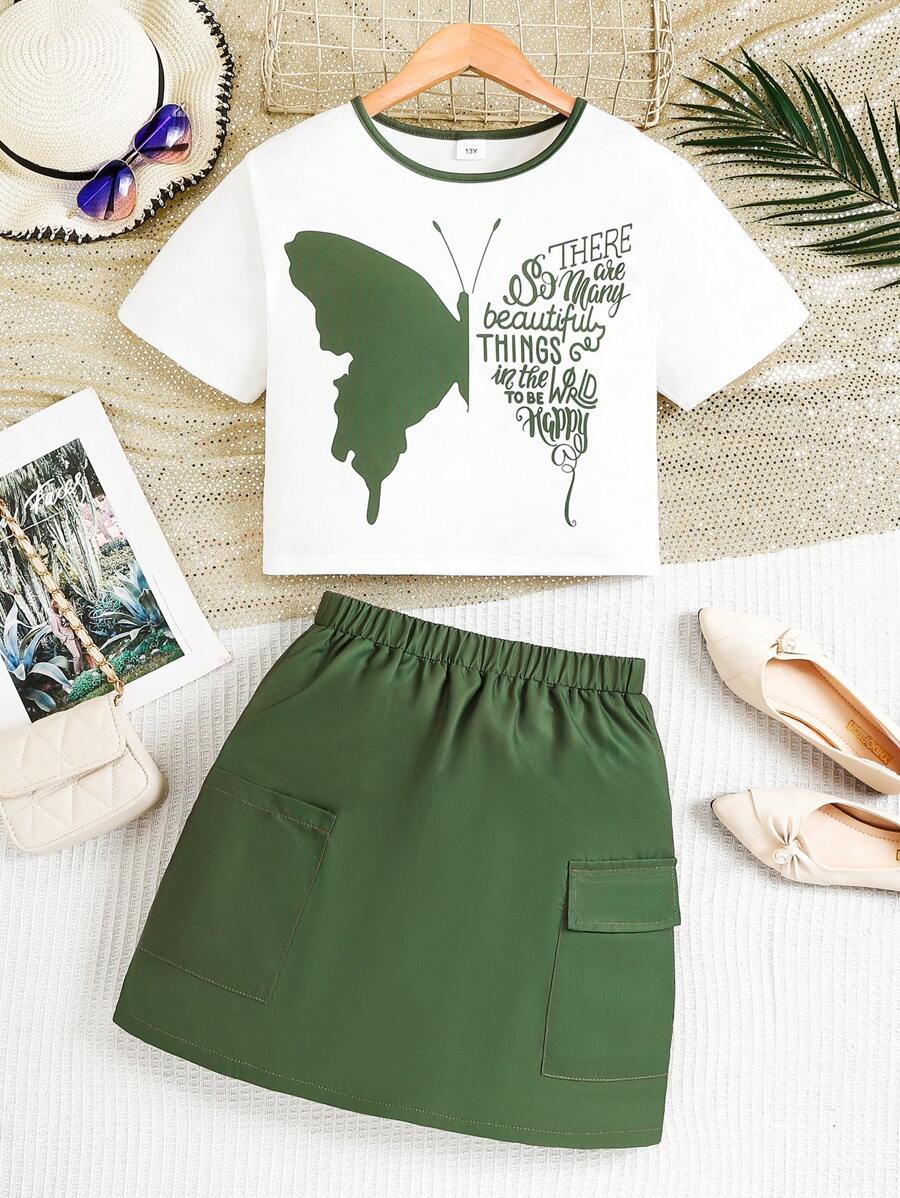 2pcs/Set Teen Girls White Letter & Butterfly Print Short Sleeve Pocket Mini Skirt Suit - White - View 1