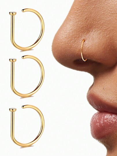 1Pc/3Pcs/5Pcs Women And Girl Fake Piercing Nose Ring Gold Stainless Steel D-Type Simple American Style Personalized Letters Hip-Hop Street Style Non Perforated Accessories Fake Nose Studs