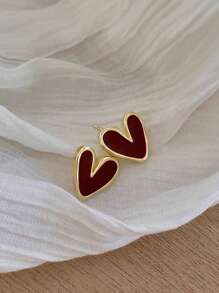 1 Pair Retro Elegant Alloy Burgundy Heart Rhinestone Decorated Women Earrings, Valentine's Or New Year Gift Valentines