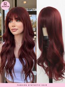 26 Inch Burgundy Long Curly Wigs With Bangs Big Wavy Wigs For Women Synthetic Wigs For Girls Daily Party Use Burgundy Heat Resistant Long Curly Wave Wig