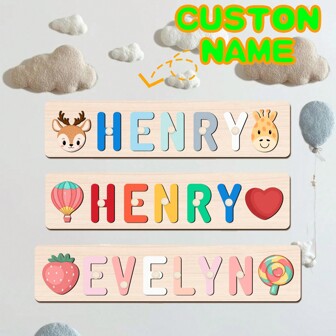 1pc Personalized Name Puzzle, Wooden Name Puzzle, Strawberry Lollipop, Deer Element Style, Christening, Birthday, Christmas Gift, Only Support English Letters, Exquisite 1st Birthday Gift, Suitable For Boys And Girls