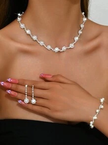 1 Set Fashionable Minimalist Wedding Jewelry Faux Pearl & Diamante Necklace, Earrings, Bracelet Suit For Women Wedding Party