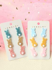Conjunto de 3 piezas de pendientes acrílicos de conejito de Pascua con adornos de cola de conejo, dulce regalo de joyería festiva