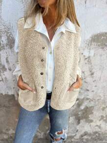 Autumn/Winter Casual Fashionable Fluffy Button Pocket Patchwork Warm Gilet Jacket