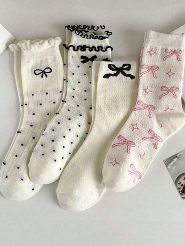 4 pares de calcetines tipo tripulación con decoración de moño, inspirados en el ballet, suaves y versátiles para mujer, con estilo estudiantil de