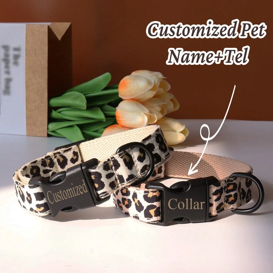 Customized Leopard Print Adjustable Pet Collar With Personalized ID Name Phone Number, Free Engraving, Suitable For Small/Medium/Large Dogs And Cats