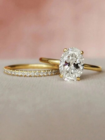 2pcs Set S925&925 Sterling Silver Single Row & 2ct Oval Rings Set Elegant For Women Dating Party Stackable Ring Anniversary Occasion Exquisite Women's Jewelry Gift