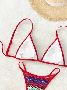 PEPPERMOLLY New Soft Padded Striped Adjustable Strap Sexy Backless Bikini, Summer Beach Fashion Ladies Swimwear Set, Red Trim Multi-Color Swimwear - Red - View 5