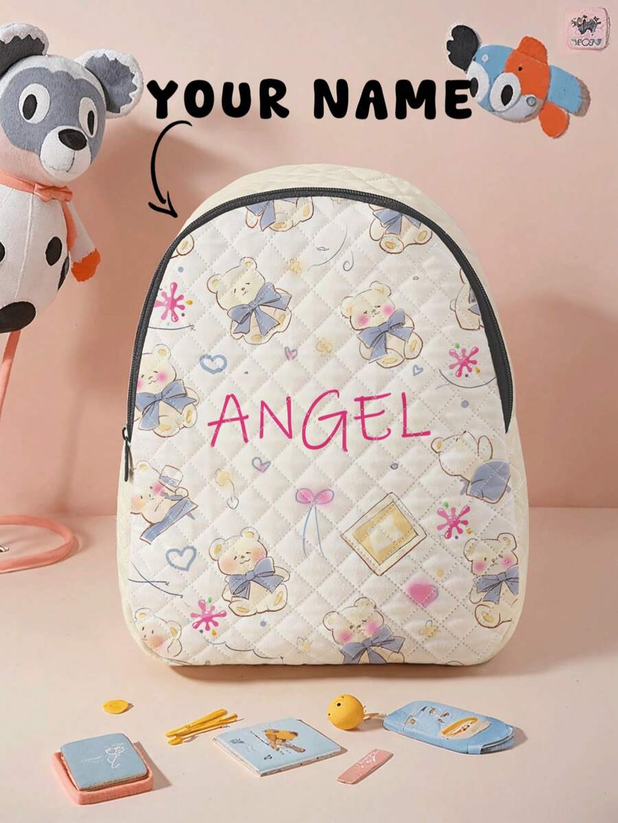 1pc Customized Cute Bear Pattern Plaid Backpack, Can Be Customized According To Your Unique Design, Very Suitable For Children And Teenagers, Print Your Own Name Or Print Your Sibling Or Classmate's Name As A Gift - Multicolor - View 1