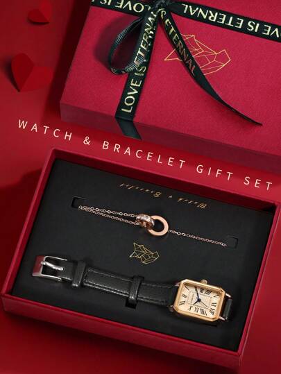  LUCKYFOX Women's Quartz Watch Gift Set With Bracelet, Minimalist Casual Vintage Zinc Alloy Square Leather Band Quartz Watch & Bracelet Gift Box Set With Greeting Card