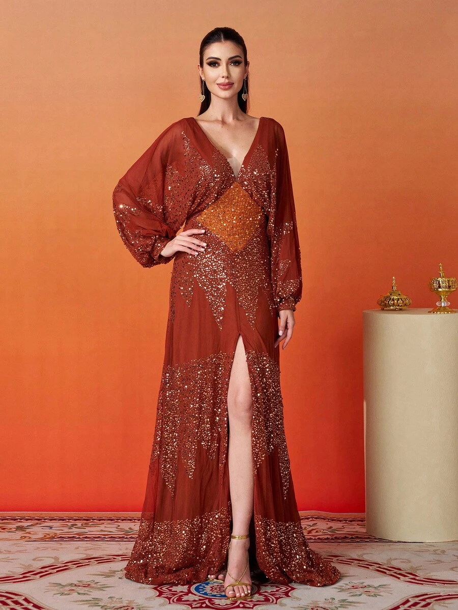 V-Neck Lantern Sleeve Sequin Evening Gown, Party Dress, Wedding Guest Dress, Formal Dress, Evening Dress Spring Vacation