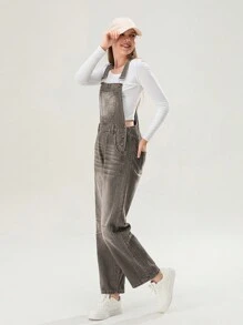 Women Denim Bib Overalls Adjustable Straps Pocket Romper Casual Barrel Leg Pants Jumpsuit