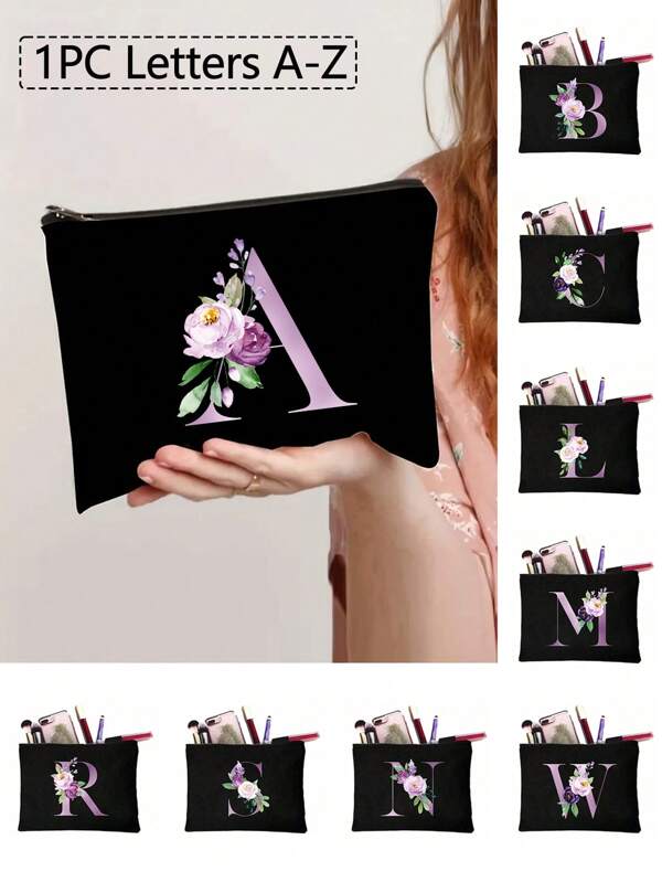1pc Black Polyester Purple Flower Name Initials Printed Zipper Women's Cosmetics Bag, Letters A-Z, Storage Bag, Good Gifts For Lovers And Families, College Dormitory Cosmetics Storage, Men's Travel, Sports Event Decoration Bag, Gift Bag Makeup Travel Toiletry Organizer Essentials Gifts Storage Zipper Accessories Nail Bag,Room Decor, Bags,Makeup Bag,Vanity,Travel,Make Up Bag,Travel Essentials,Organizer,Storage,Travel Essential,Makeup Organizer,Makeup Bags,Toiletry Bag,Desk Organiser,Cosmetic Bag,Makeup Pouch,Make Up Organize,Vanity Accessories,Make Up Pouch,Makeup Bags,Cosmetic Bag,Makeup Organiser,Travel,Makeup Pouch,Bag,Vanity,Make Up Pouch,Travel Essentials,Pouch Bag,Travel Essential,Vanity Accessories,Small Makeup Bag,Makeup Pouch,Cosmetic Bag,Travel Essential,Large Capacity,Large Makeup Bag