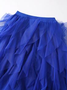 女式不对称波浪分层蛋糕裙，1 件薄纱蓬松裙 - 寶藍色 - 查看 3