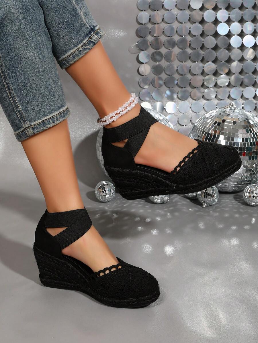 Women's Crossover Turban Elastic Mesh Knit Fabric Linen Rope Fashionable Casual Wedge Sandals