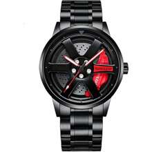 Car Wheel Watch, Stainless Steel Men Wristwatch With Spinning Car Rim Hub Design, Japanese Quartz Movement, Water Resistant, Scratch Resistant Gifts For Car Enthusiasts - Black - View 1
